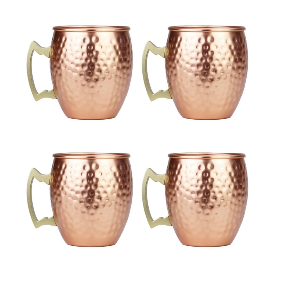 Hammered Copper Moscow Mule Mugs with Brass Handles - Set of 4